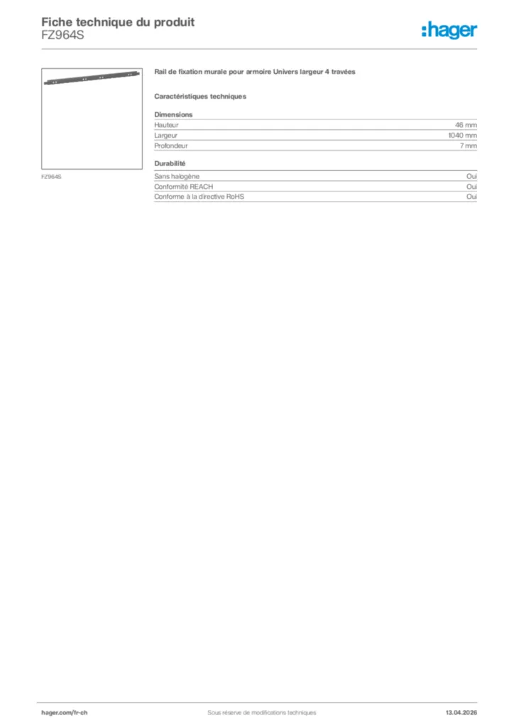 Image Hager Fiche technique du produit FZ964S | Hager Suisse