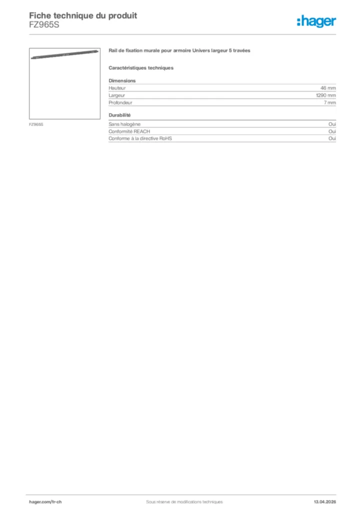 Image Hager Fiche technique du produit FZ965S | Hager Suisse