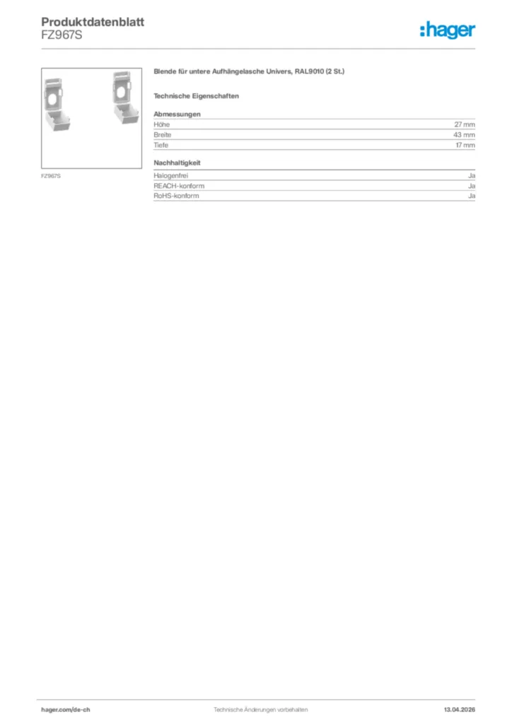 Bild Hager Produktdatenblatt FZ967S | Hager Schweiz