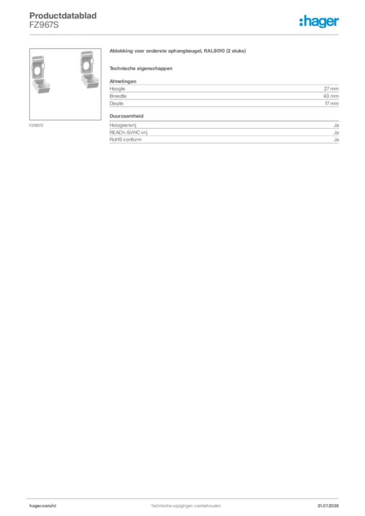 Afbeelding Hager Productdatablad FZ967S | Hager Nederland