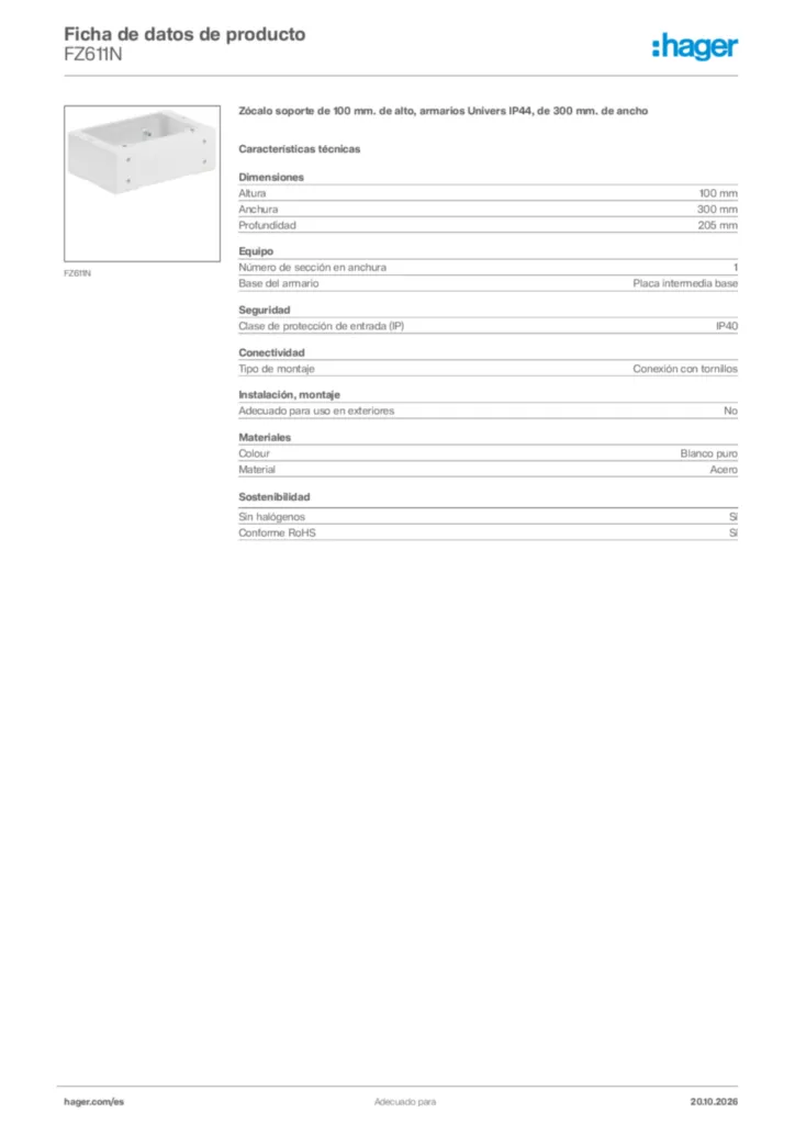 Imagen Hager Ficha de datos de producto FZ611N | Hager España