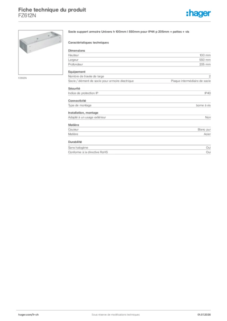 Image Hager Fiche technique du produit FZ612N | Hager Suisse