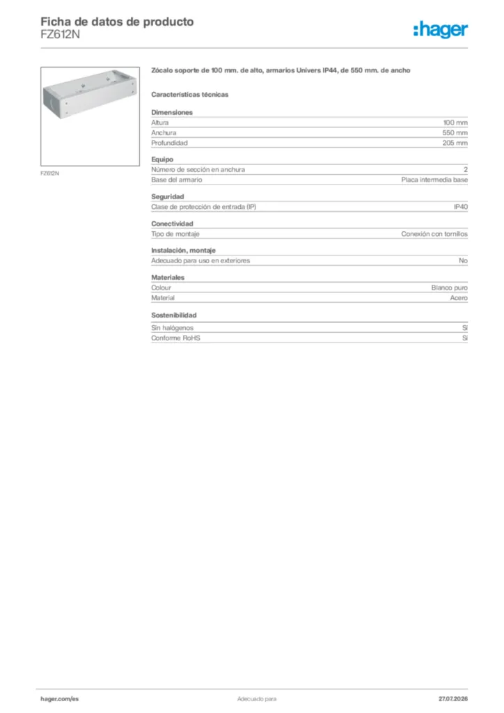 Imagen Hager Ficha de datos de producto FZ612N | Hager España