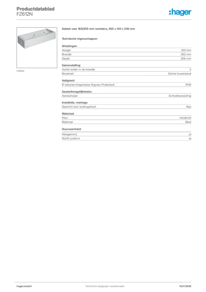 Afbeelding Hager Productdatablad FZ612N | Hager Nederland