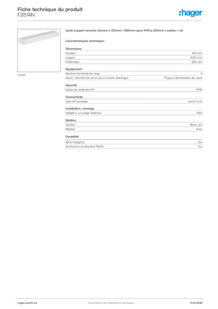 Image Hager Fiche technique du produit FZ614N | Hager Suisse