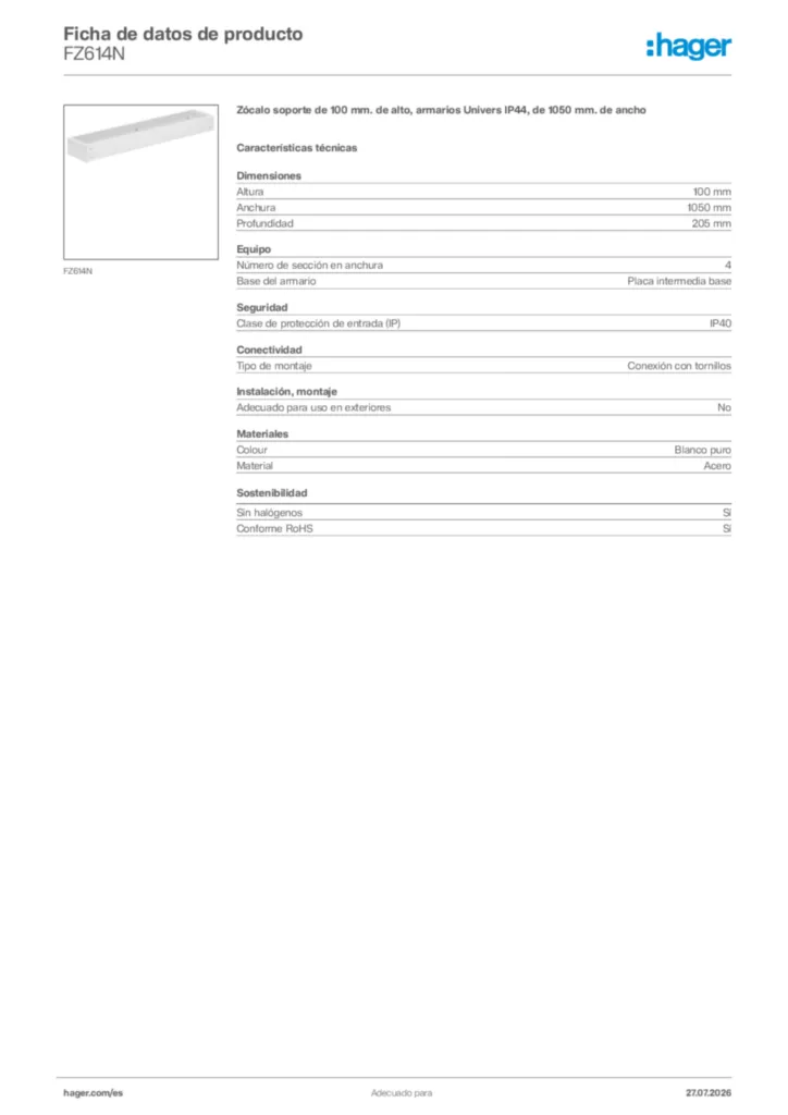 Imagen Hager Ficha de datos de producto FZ614N | Hager España