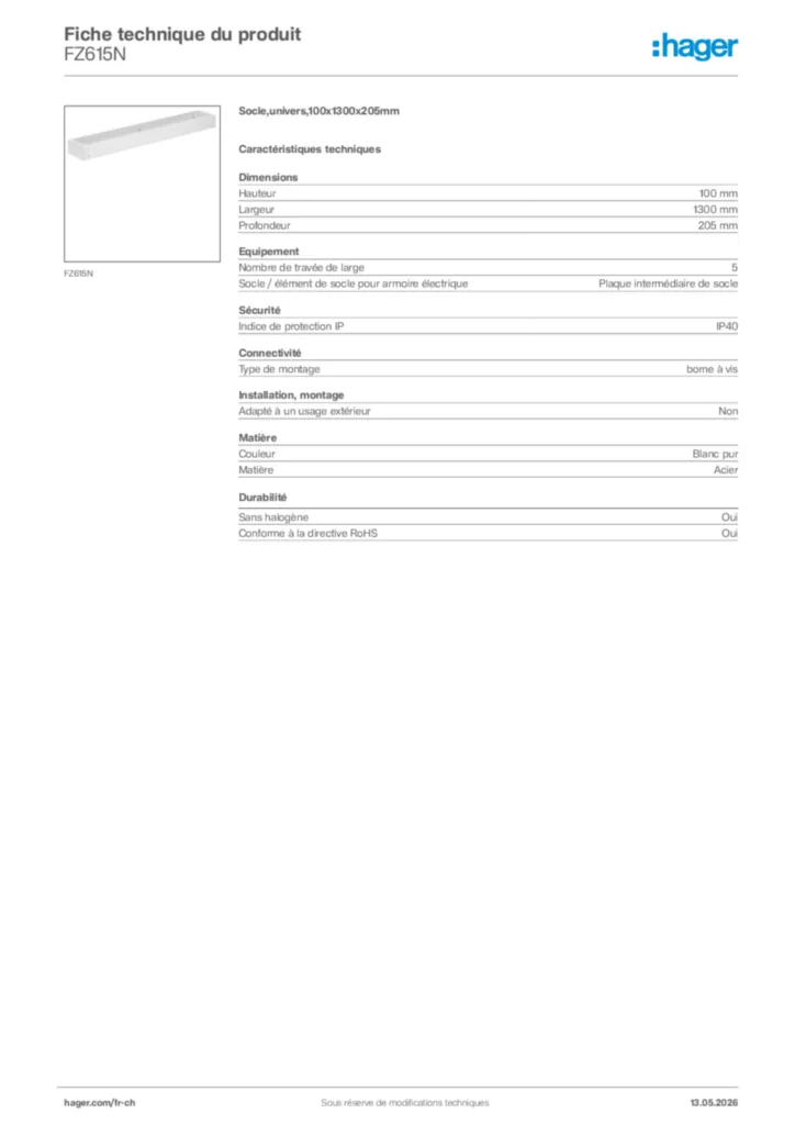 Image Hager Fiche technique du produit FZ615N | Hager Suisse
