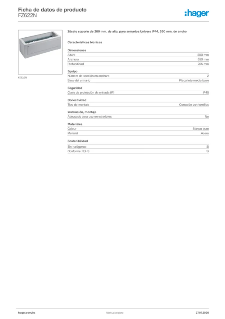 Imagen Hager Ficha de datos de producto FZ622N | Hager España