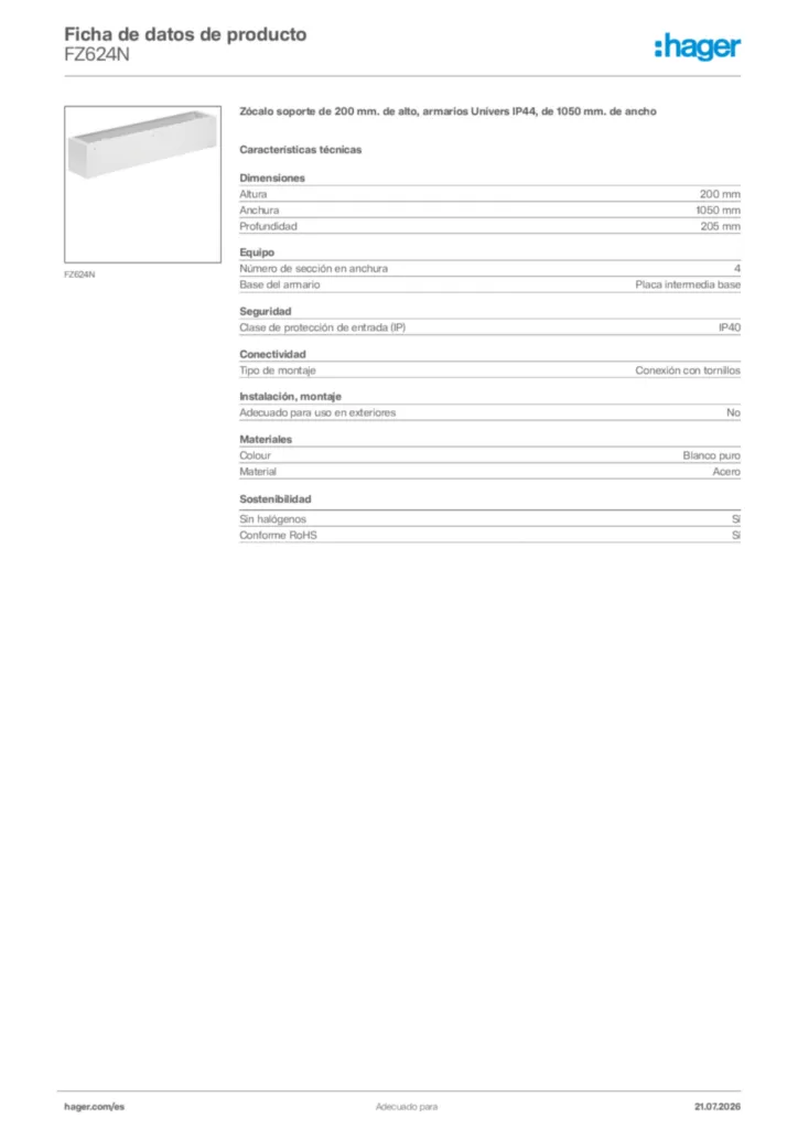 Imagen Hager Ficha de datos de producto FZ624N | Hager España