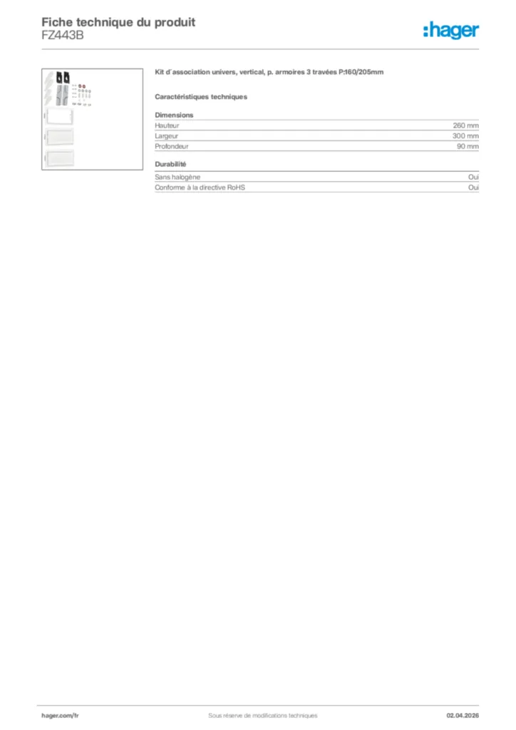 Image Hager Fiche technique du produit FZ443B | Hager France