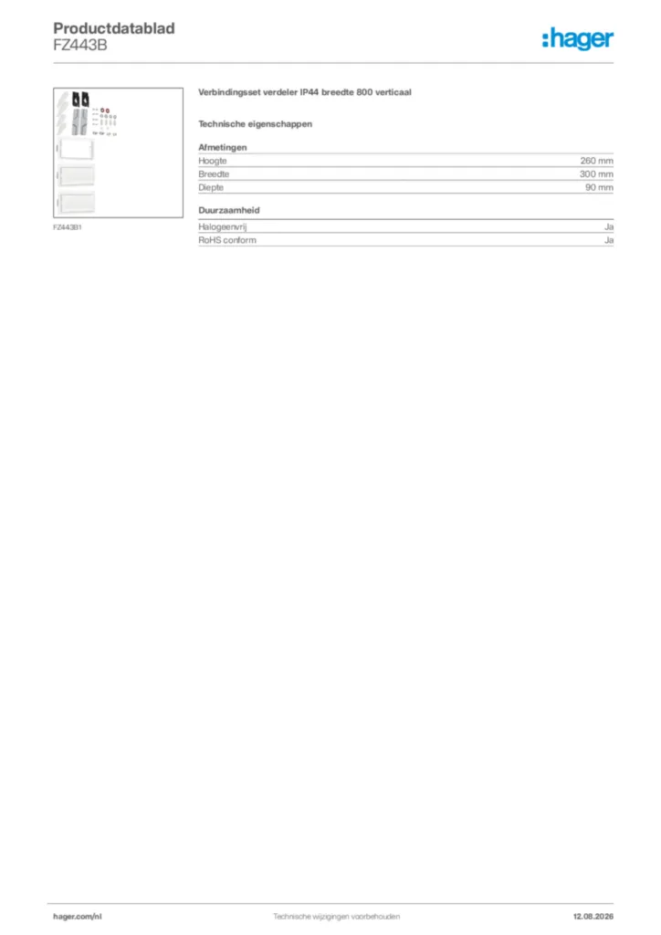 Afbeelding Hager Productdatablad FZ443B | Hager Nederland