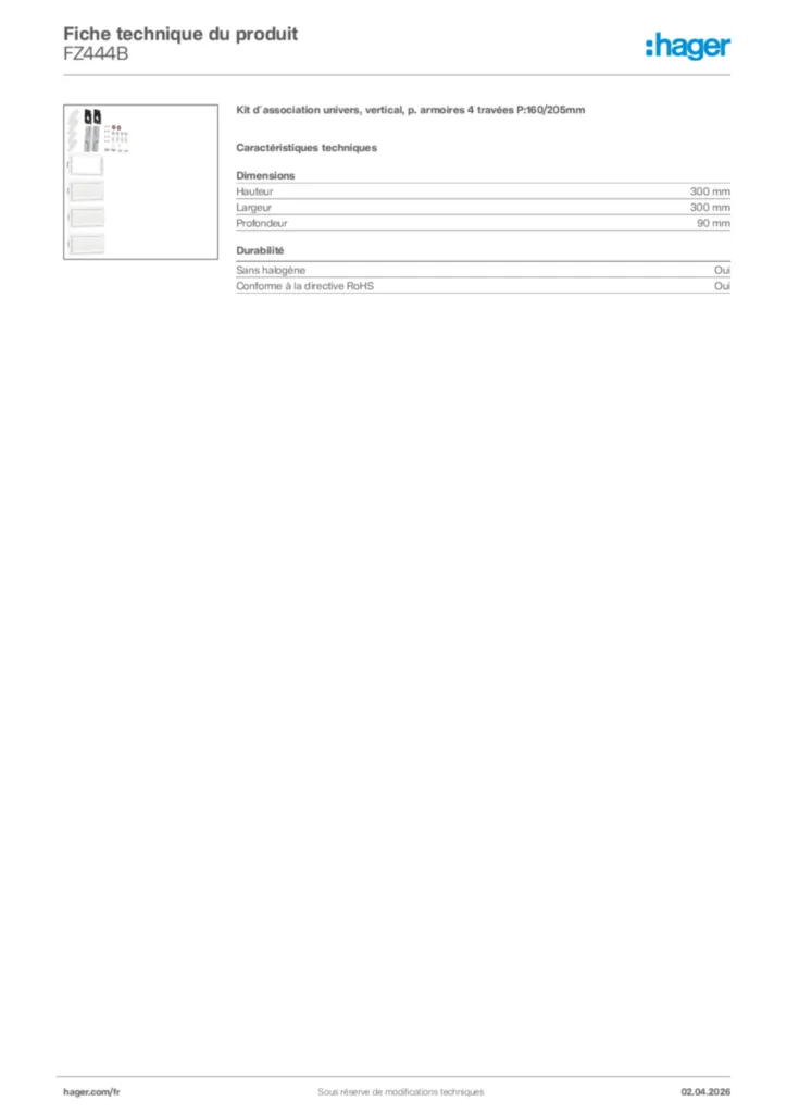 Image Hager Fiche technique du produit FZ444B | Hager France