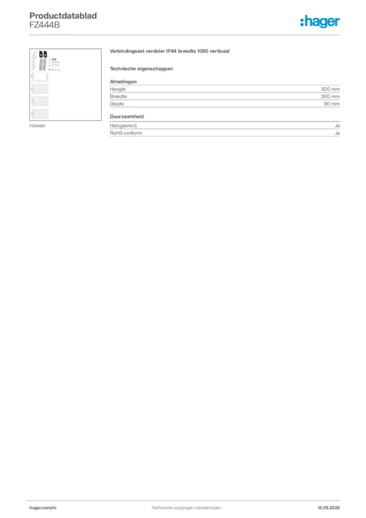 Afbeelding Hager Productdatablad FZ444B | Hager Nederland