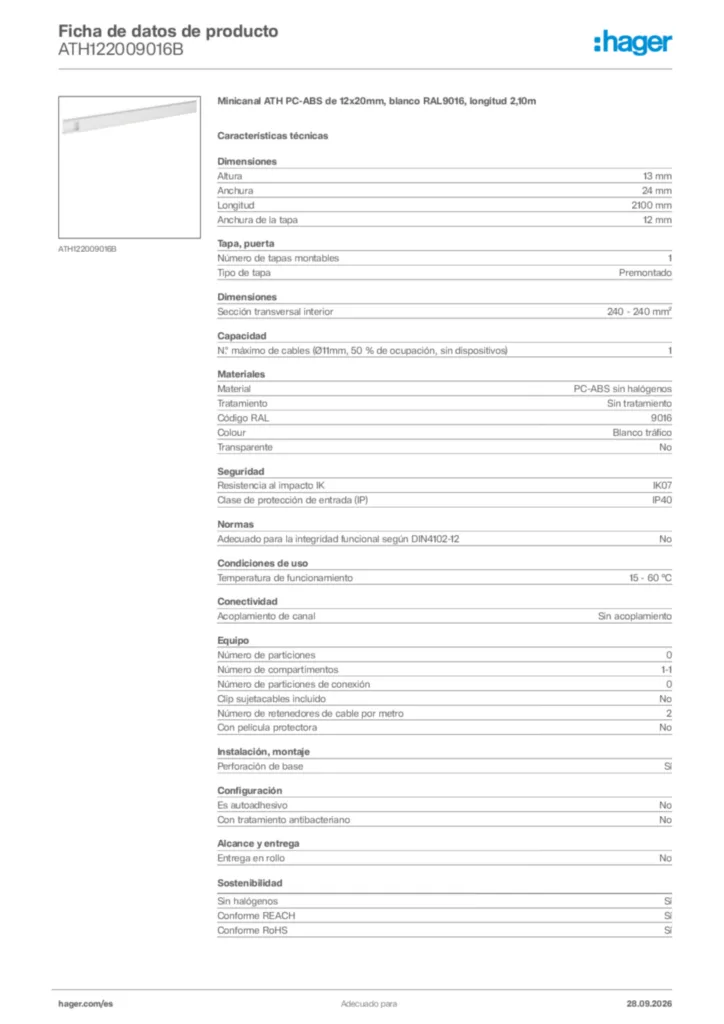 Imagen Hager Ficha de datos de producto ATH122009016B | Hager España