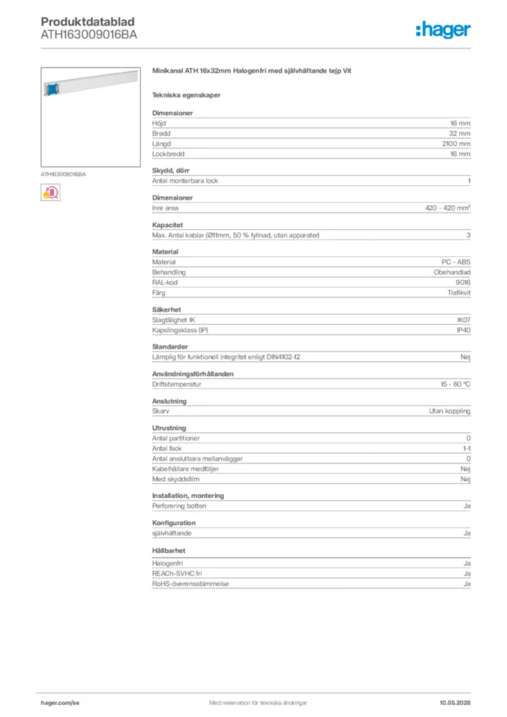 Bild Hager Produktdatablad ATH163009016BA | Hager Sverige