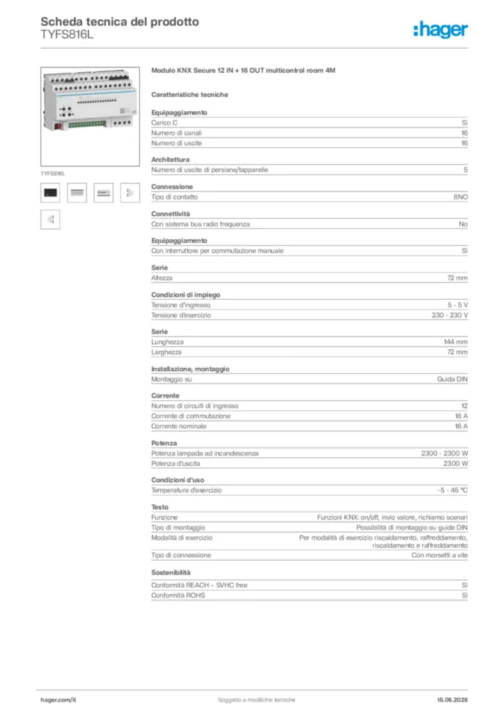 Immagine Hager Scheda tecnica del prodotto TYFS816L | Hager Italia