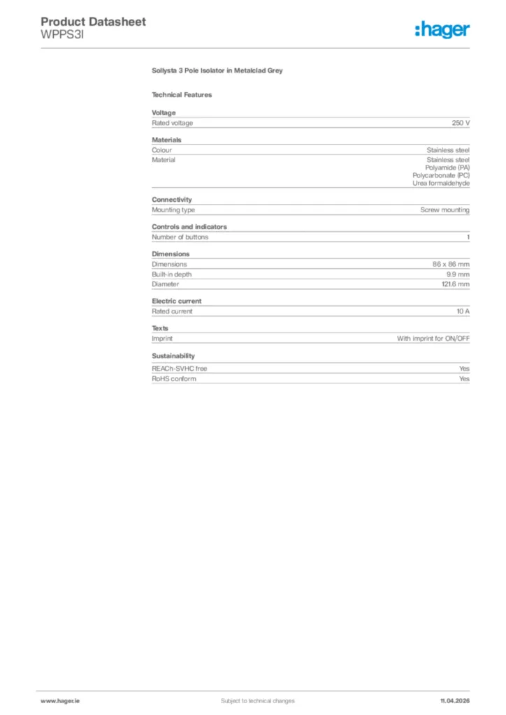 Image Hager Product data sheet WPPS3I  | Hager