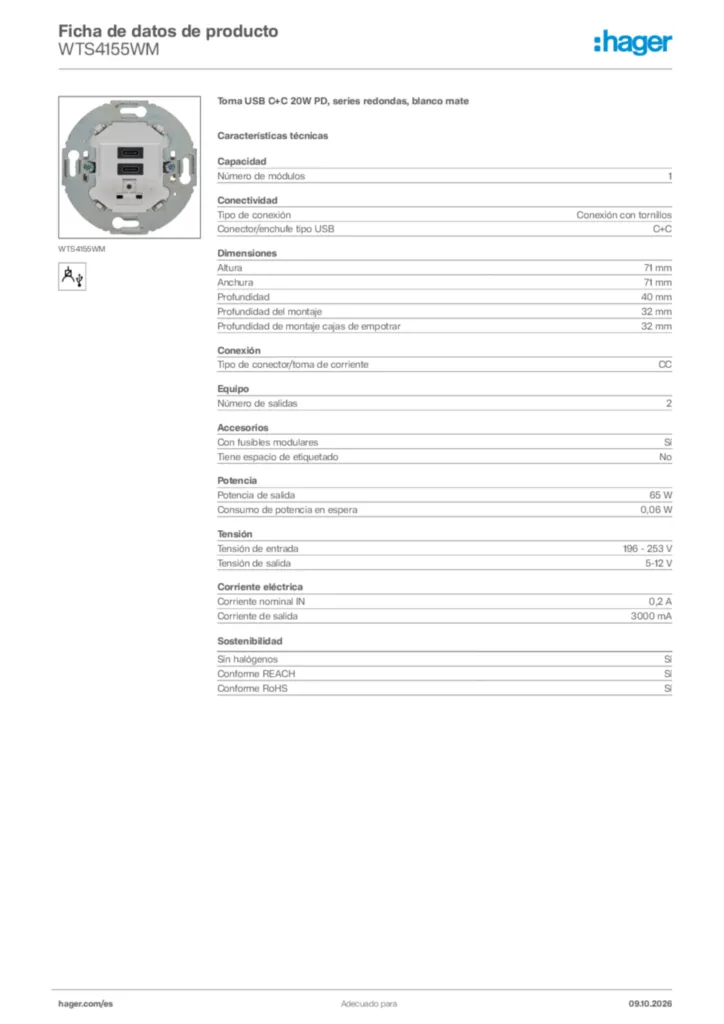 Imagen Hager Ficha de datos de producto WTS4155WM | Hager España