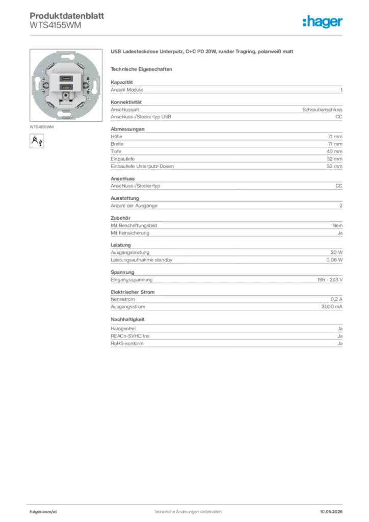 Bild Hager Produktdatenblatt WTS4155WM | Hager Deutschland