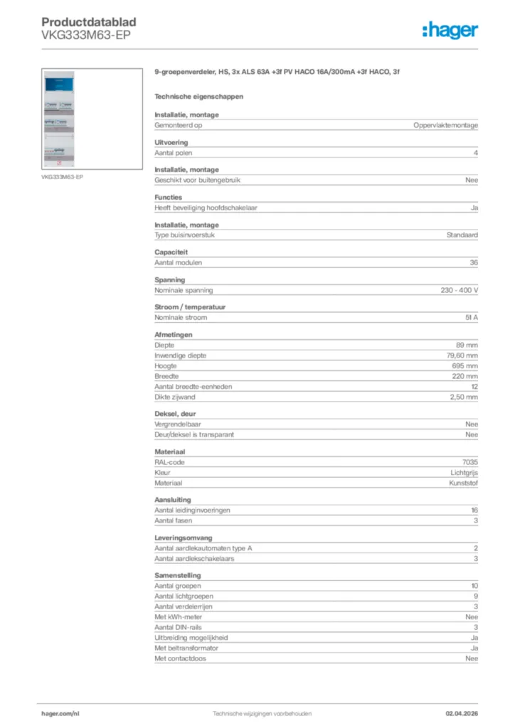 Afbeelding Hager Productdatablad VKG333M63-EP | Hager Nederland