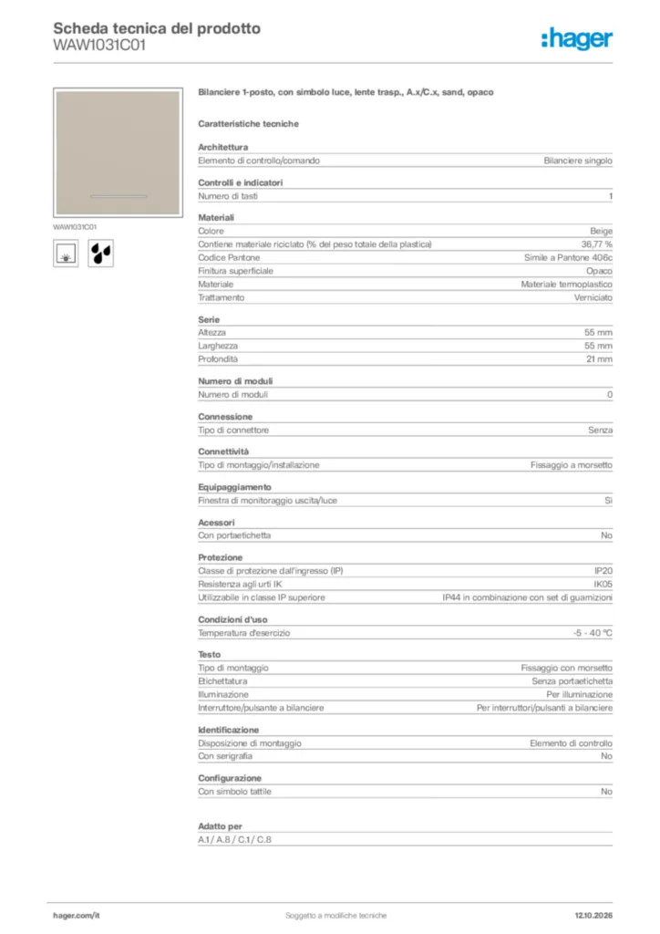 Immagine Hager Scheda tecnica del prodotto WAW1031C01 | Hager Italia