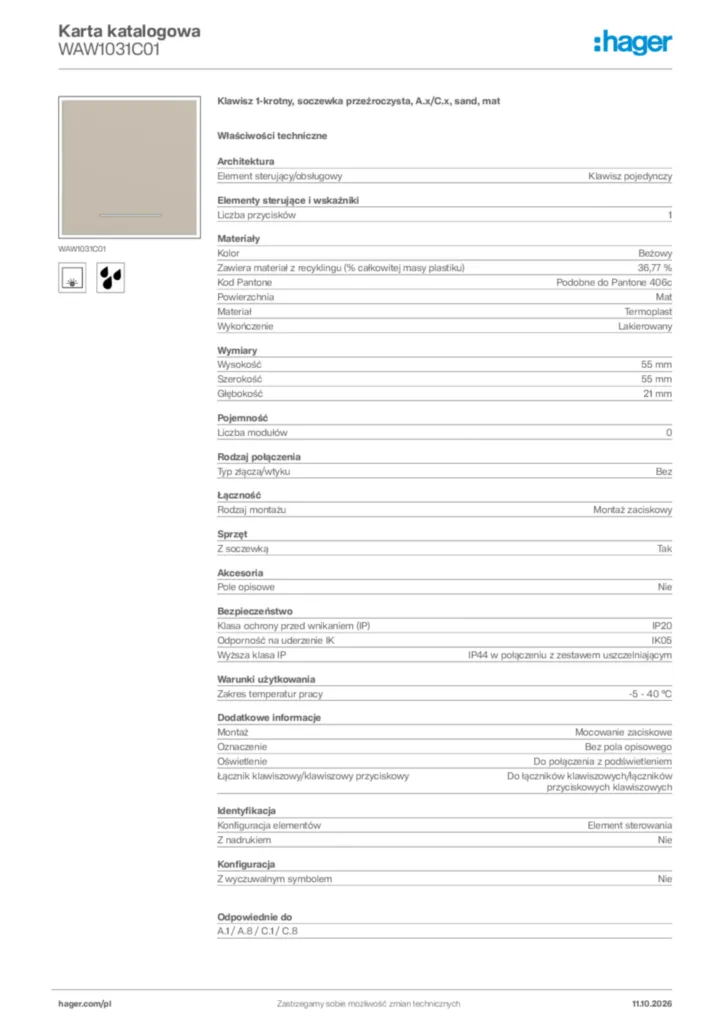 Zdjęcie Hager Karta katalogowa WAW1031C01 | Hager Polska