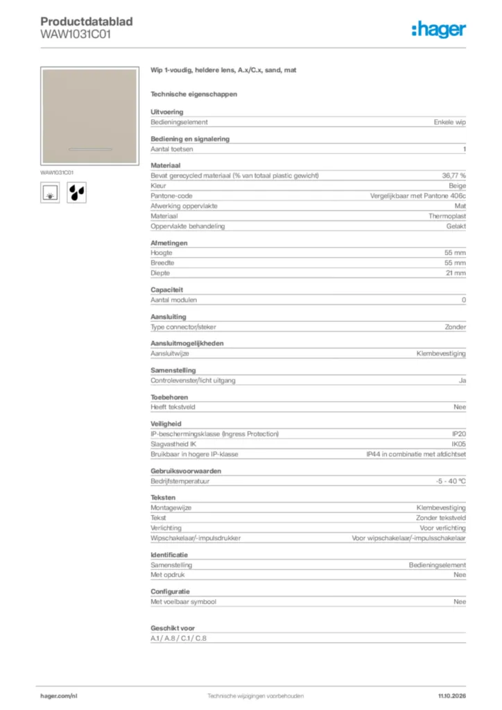 Afbeelding Hager Productdatablad WAW1031C01 | Hager Nederland