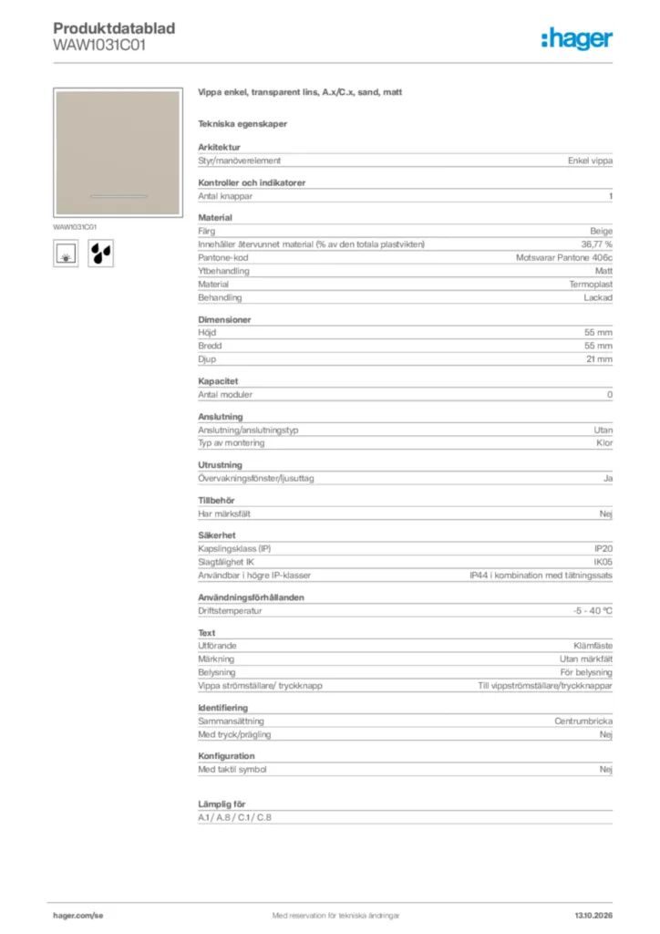 Bild Hager Produktdatablad WAW1031C01 | Hager Sverige