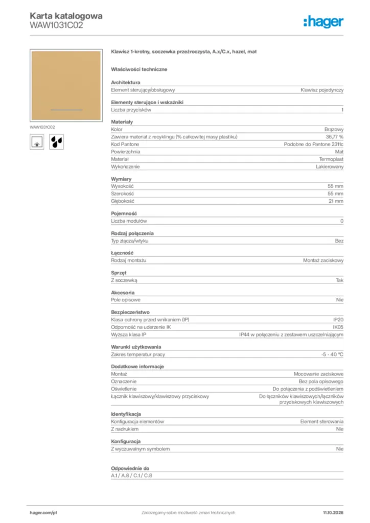 Zdjęcie Hager Karta katalogowa WAW1031C02 | Hager Polska
