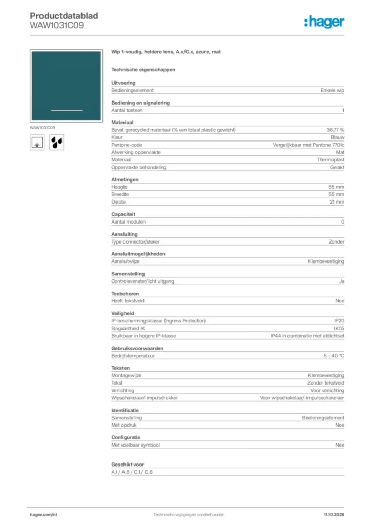 Afbeelding Hager Productdatablad WAW1031C09 | Hager Nederland