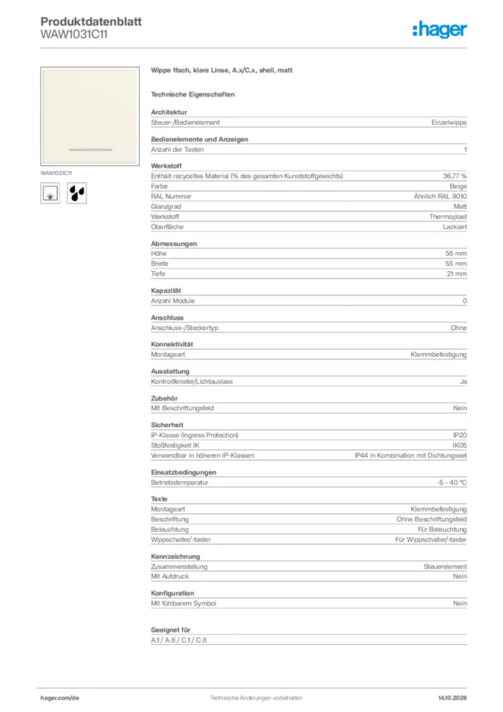 Bild Hager Produktdatenblatt WAW1031C11 | Hager Deutschland