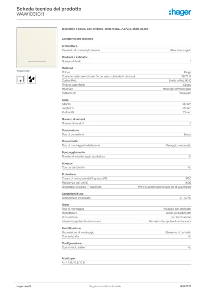 Immagine Hager Scheda tecnica del prodotto WAW1031C11 | Hager Italia