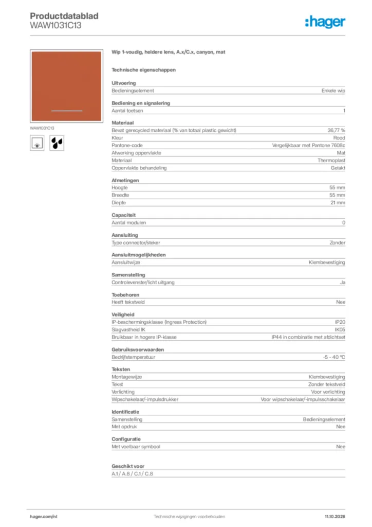 Afbeelding Hager Productdatablad WAW1031C13 | Hager Nederland