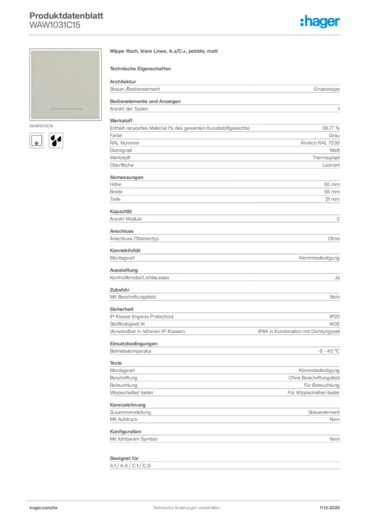 Bild Hager Produktdatenblatt WAW1031C15 | Hager Deutschland