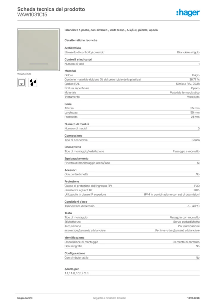 Immagine Hager Scheda tecnica del prodotto WAW1031C15 | Hager Italia