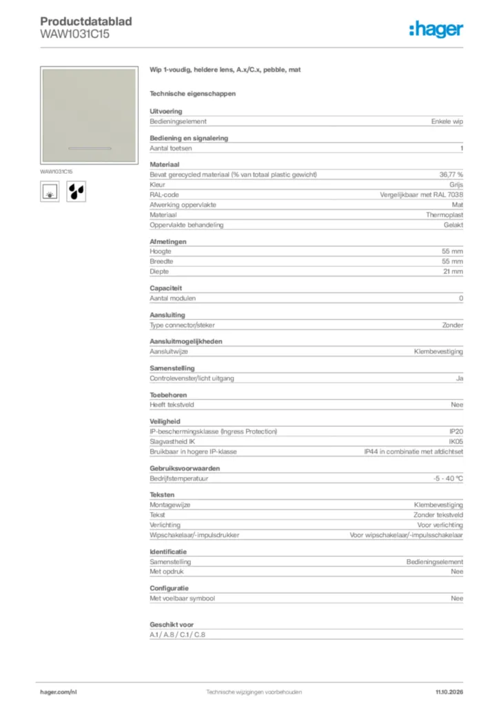 Afbeelding Hager Productdatablad WAW1031C15 | Hager Nederland