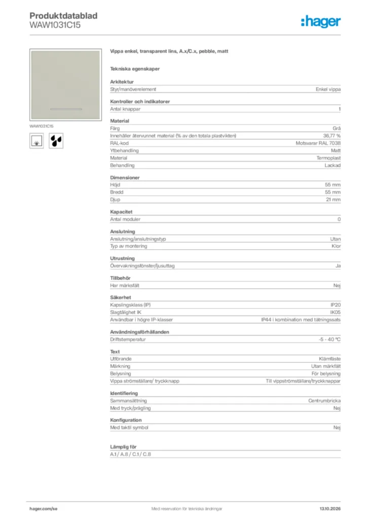 Bild Hager Produktdatablad WAW1031C15 | Hager Sverige