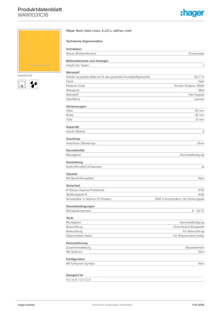 Bild Hager Produktdatenblatt WAW1031C16 | Hager Deutschland