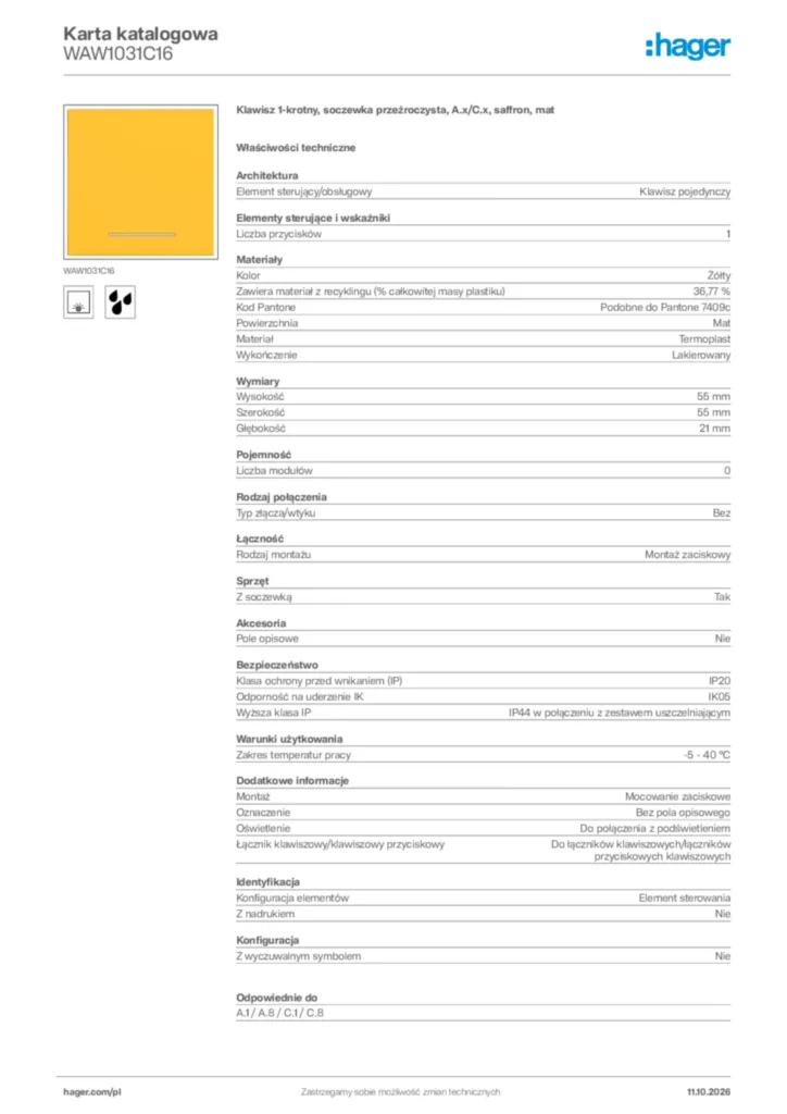 Zdjęcie Hager Karta katalogowa WAW1031C16 | Hager Polska