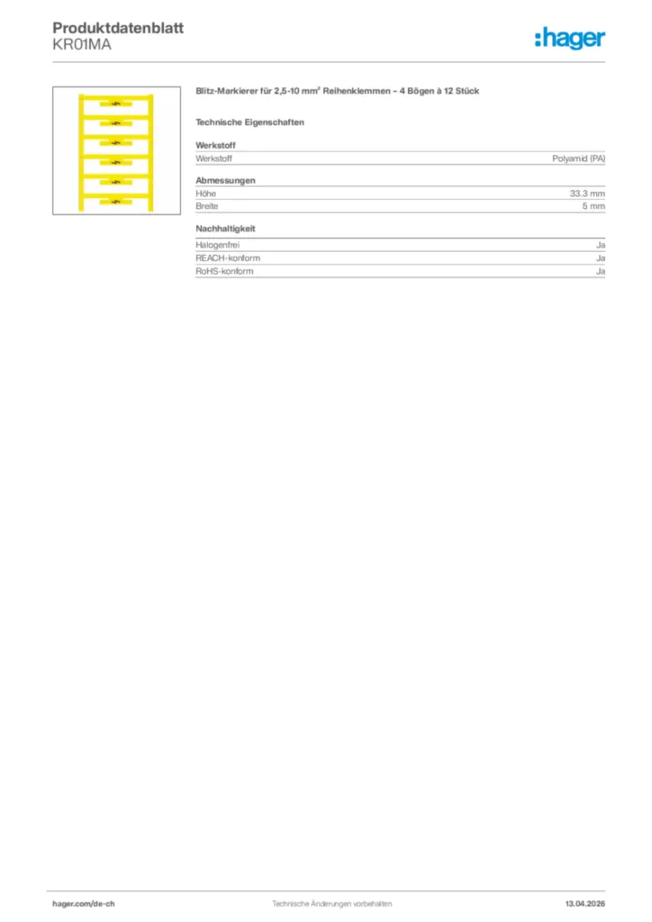 Bild Hager Produktdatenblatt KR01MA | Hager Schweiz