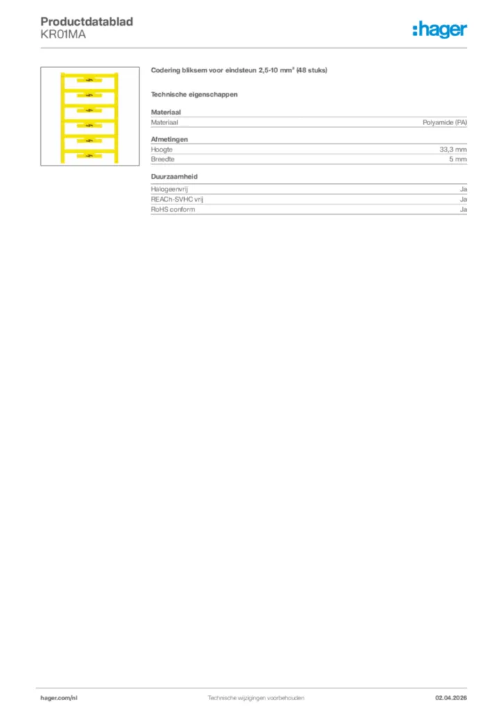 Afbeelding Hager Productdatablad KR01MA | Hager Nederland