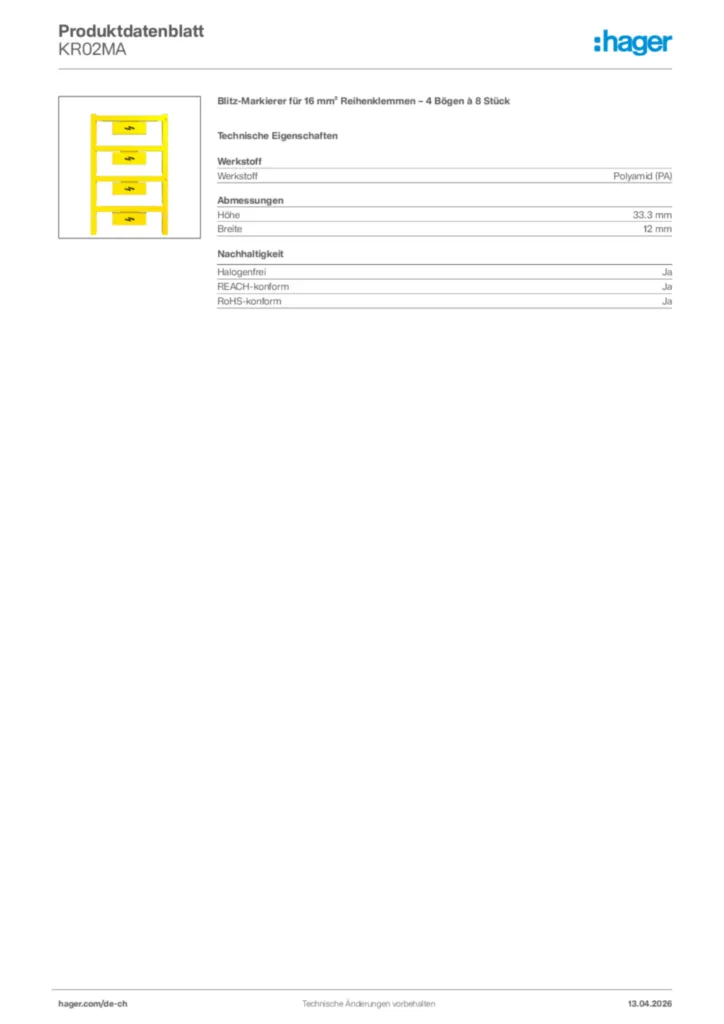 Bild Hager Produktdatenblatt KR02MA | Hager Schweiz