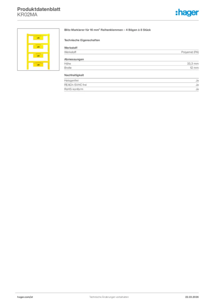 Bild Hager Produktdatenblatt KR02MA | Hager Deutschland