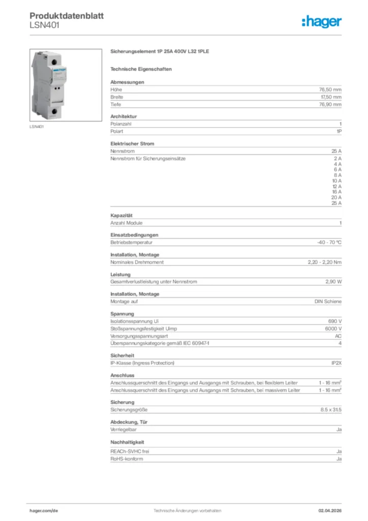 Bild Hager Produktdatenblatt LSN401 | Hager Deutschland