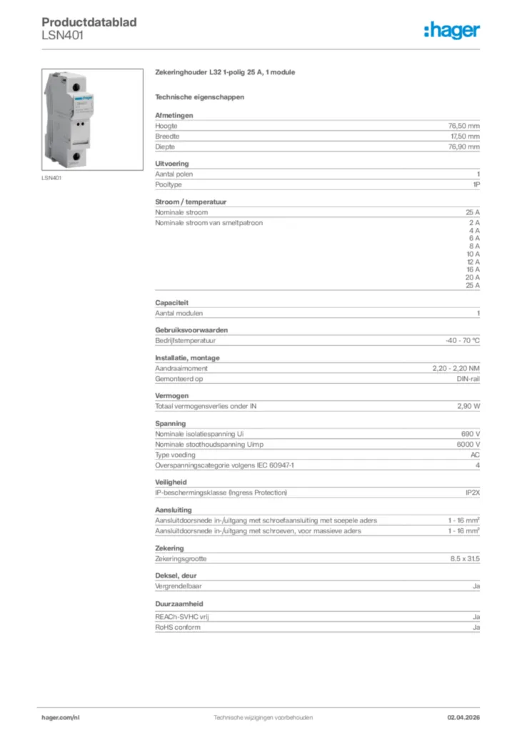 Afbeelding Hager Productdatablad LSN401 | Hager Nederland