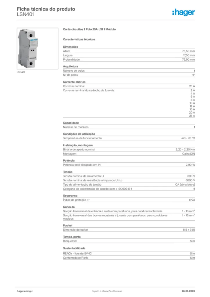 Imagem Hager Ficha técnica do produto LSN401 | Hager Portugal