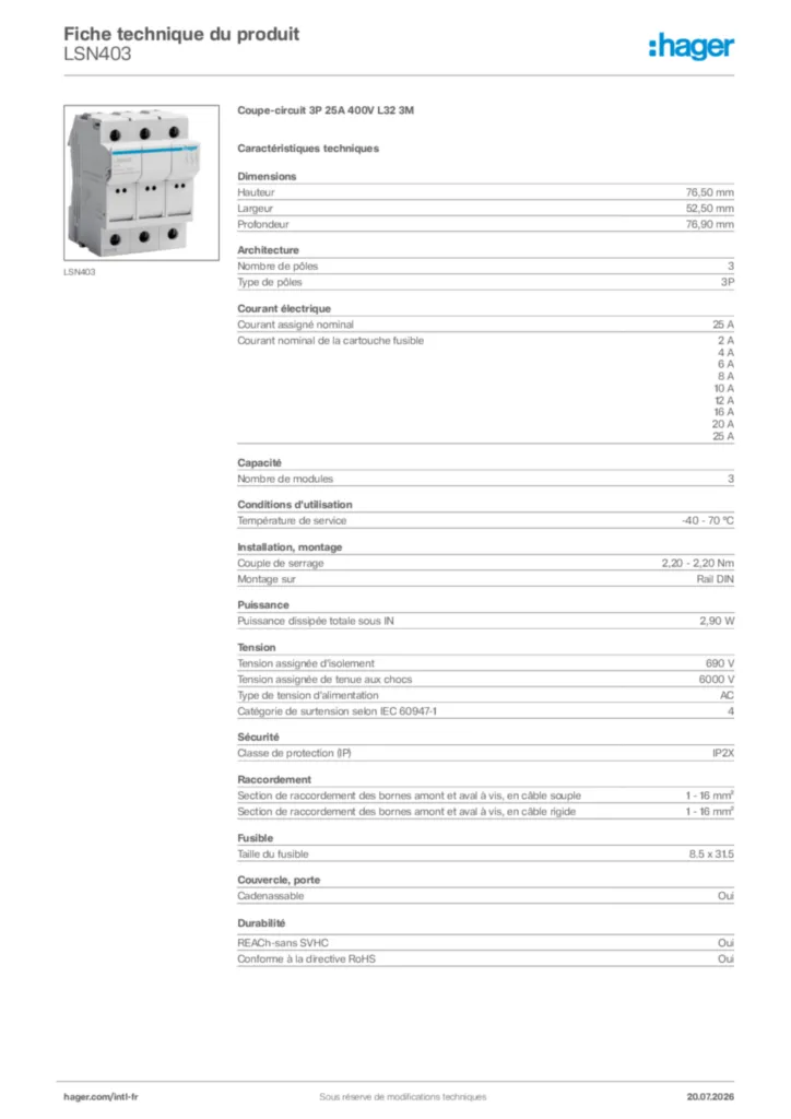 Image Hager Fiche technique du produit LSN403 | Hager Afrique