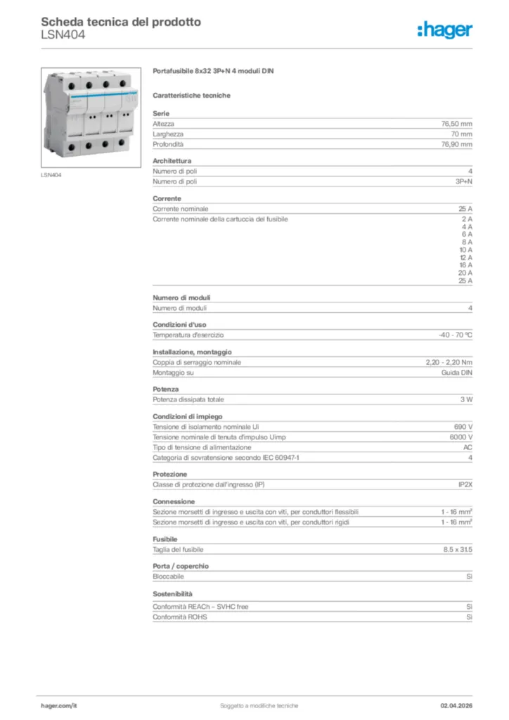 Immagine Hager Scheda tecnica del prodotto LSN404 | Hager Italia