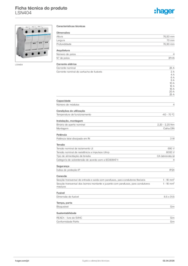 Imagem Hager Ficha técnica do produto LSN404 | Hager Portugal