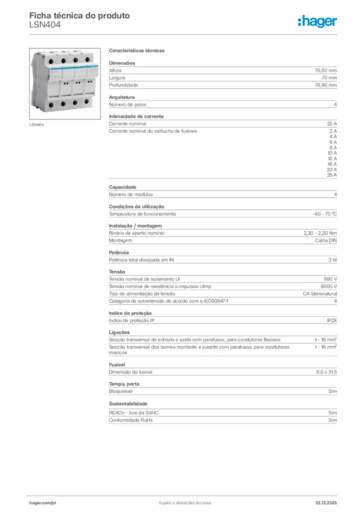 Imagem Hager Ficha técnica do produto LSN404 | Hager Portugal